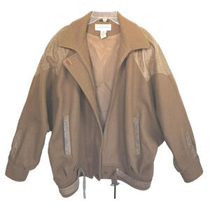 Vintage 80s 90s Dolman Slv Camel Wool Leather Coat Jacket Womens Sz 11 Fits L/XL